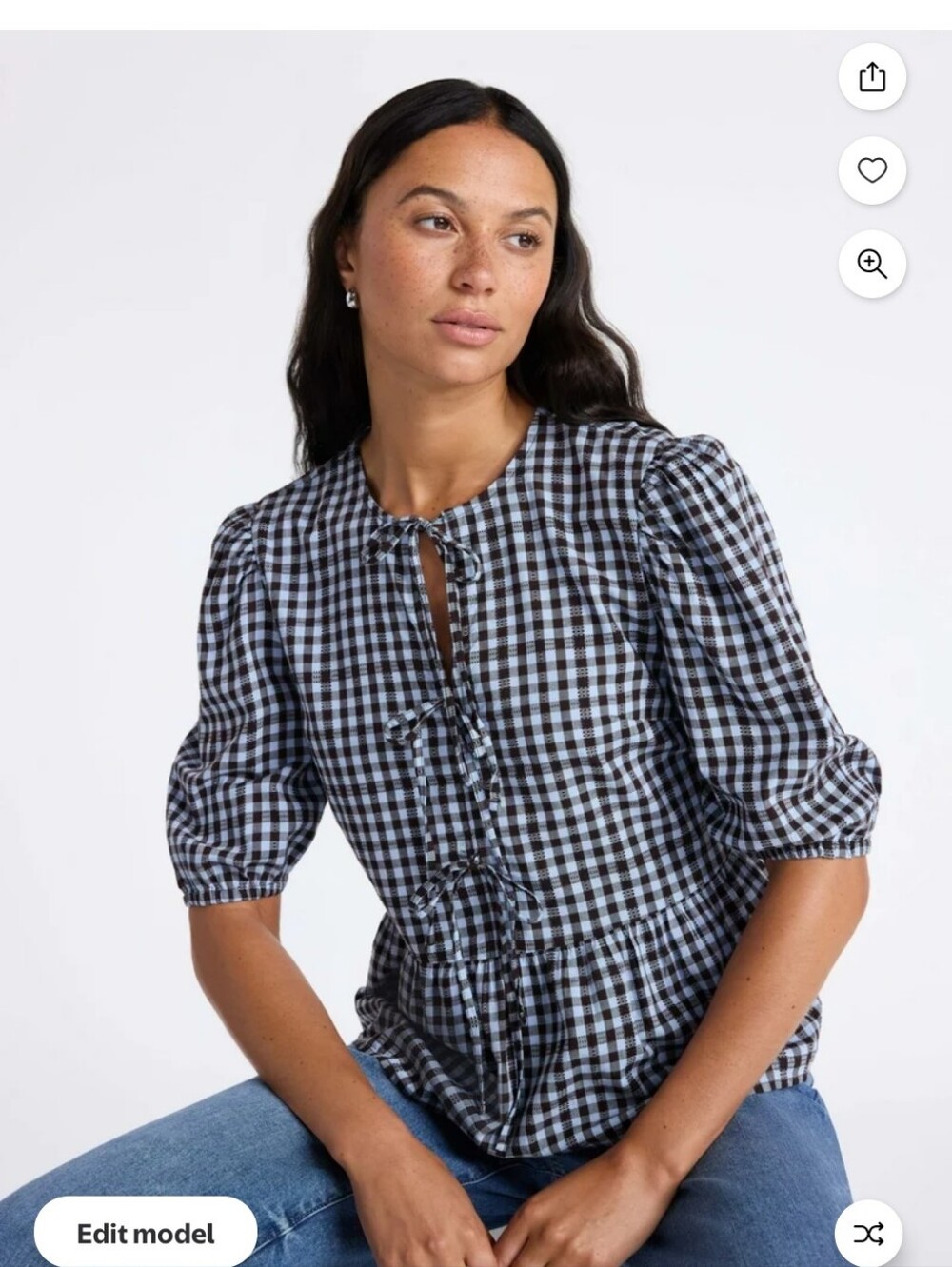 Time And Tru Gingham Tie-Front Peplum Blouse - Brown And Blue Size Xxxl